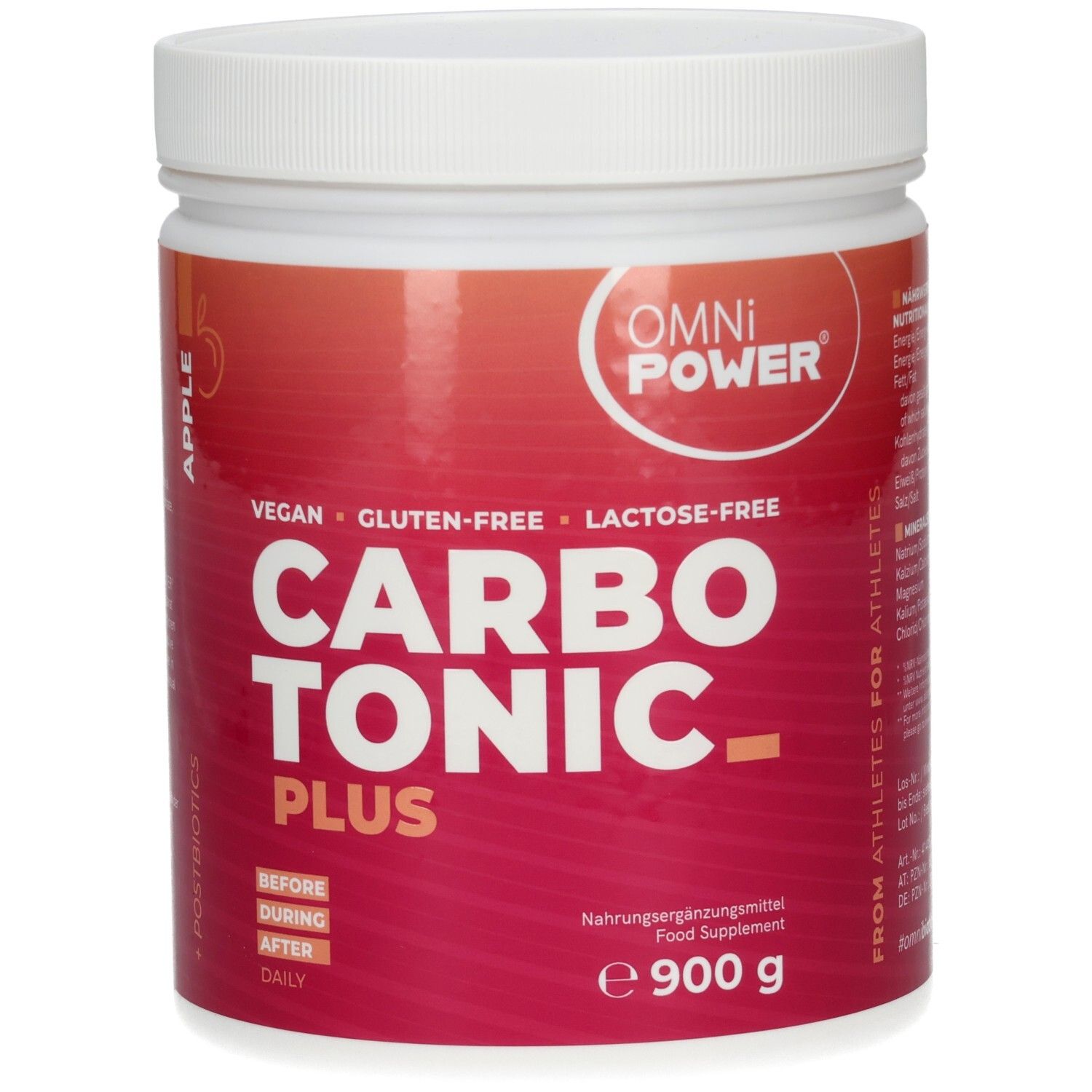 Weißes Gefäß mit OMNi-POWER CARBOTONIC PLUS. Vegan, gluten- und laktosefrei. Apfelgeschmack. 900 g. Vor, während und nach dem Training.
