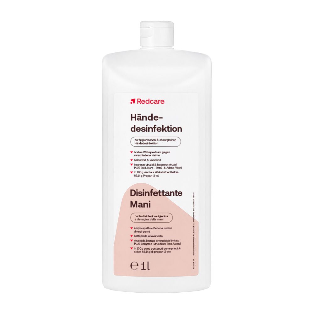 Redcare Hände-desinfektion: 1 Liter Flasche mit Spendertülle. Enthält Informationen zu breitem Wirkungsspektrum und Bakterizid.