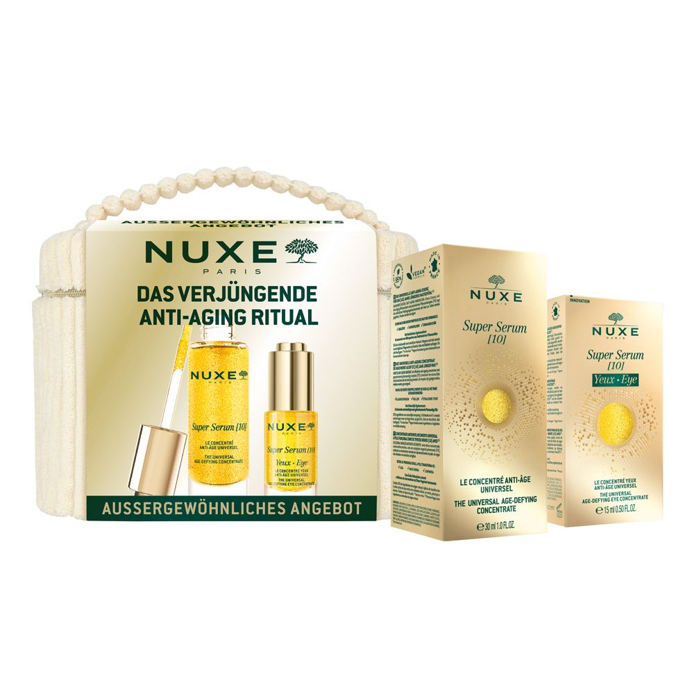 Geschenkset mit zwei Flaschen und einer Kosmetiktasche. Aufschrift: NUXE, Super Serum, Anti-Aging Ritual. Gelbe Flüssigkeit in Glasflaschen.