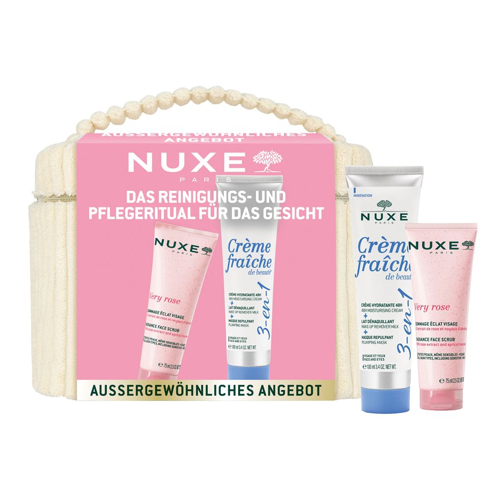 Geschenkset mit Kosmetika. Enthält zwei Tuben und eine Tasche mit Griff. Aufschrift: NUXE, Creme Fraiche, Very Rose. Rosa und weiße Verpackung.