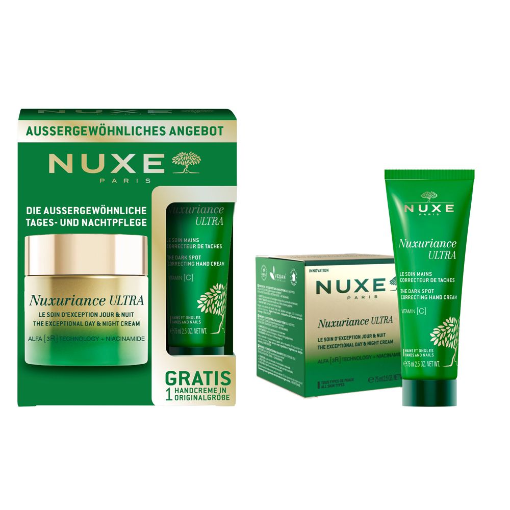NUXE Set. Grün-weiße Verpackung mit Creme und Handcreme. Handcreme-Tube und Creme-Glas. Text: Nuxuriance Ultra, Gratis Handcreme.