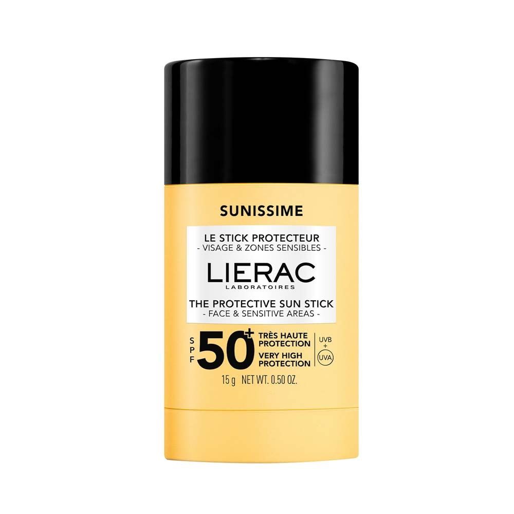 Gelber Stick mit schwarzem Deckel. Aufschrift: SUNISSIME, LIERAC, SPF50+. Für Gesicht und sensible Zonen.