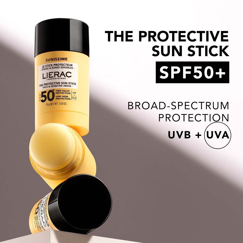 Sonnenstick, gelb. Aufschrift: SPF50+, LIERAC. Text: Broad-Spectrum Protection, UVB + UVA.