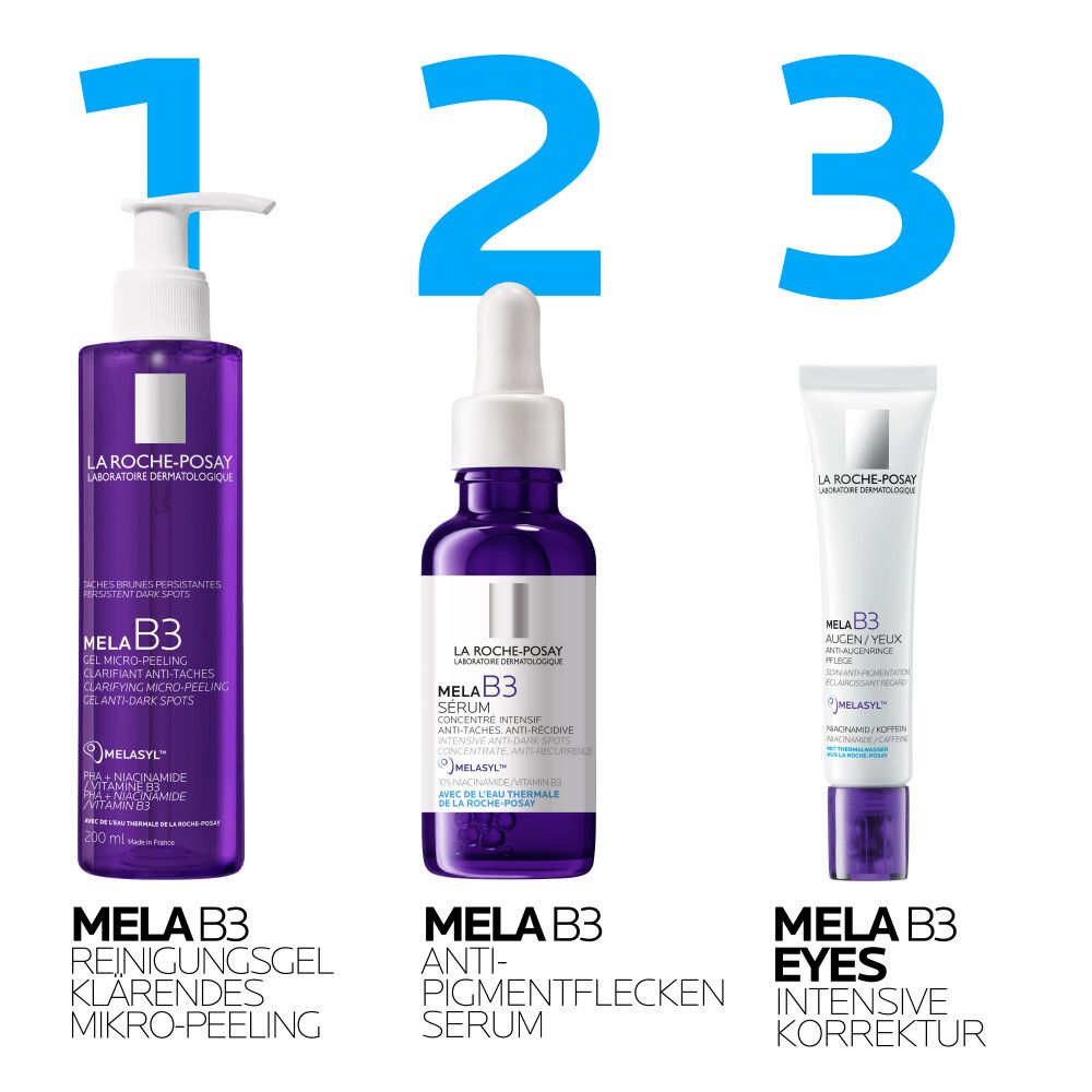 La Roche-Posay Mela B3 Reinigungsgel, Serum und Augenpflege.