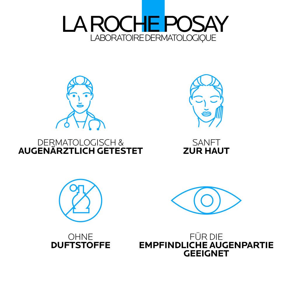 Symbole: Dermatologisch getestet, sanft, ohne Duftstoffe, für empfindliche Augen.
