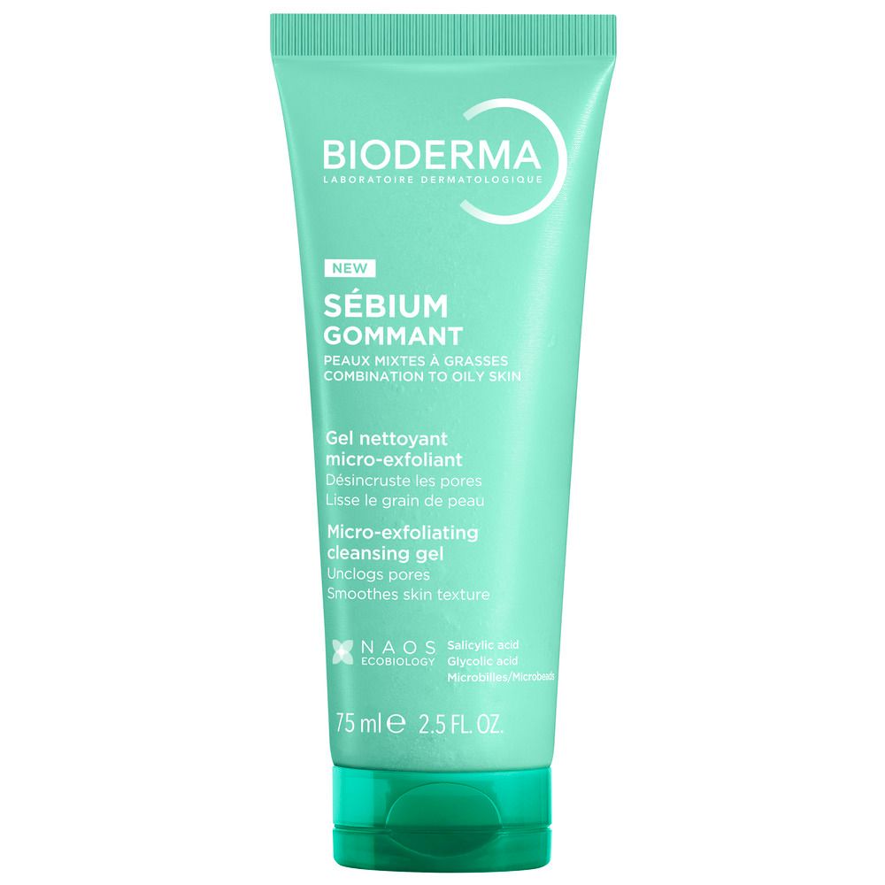 Grüne Tube mit weißer Schrift. Aufschrift: BIODERMA, Sébium Gommant, Micro-Exfoliating Cleansing Gel. 75 ml.