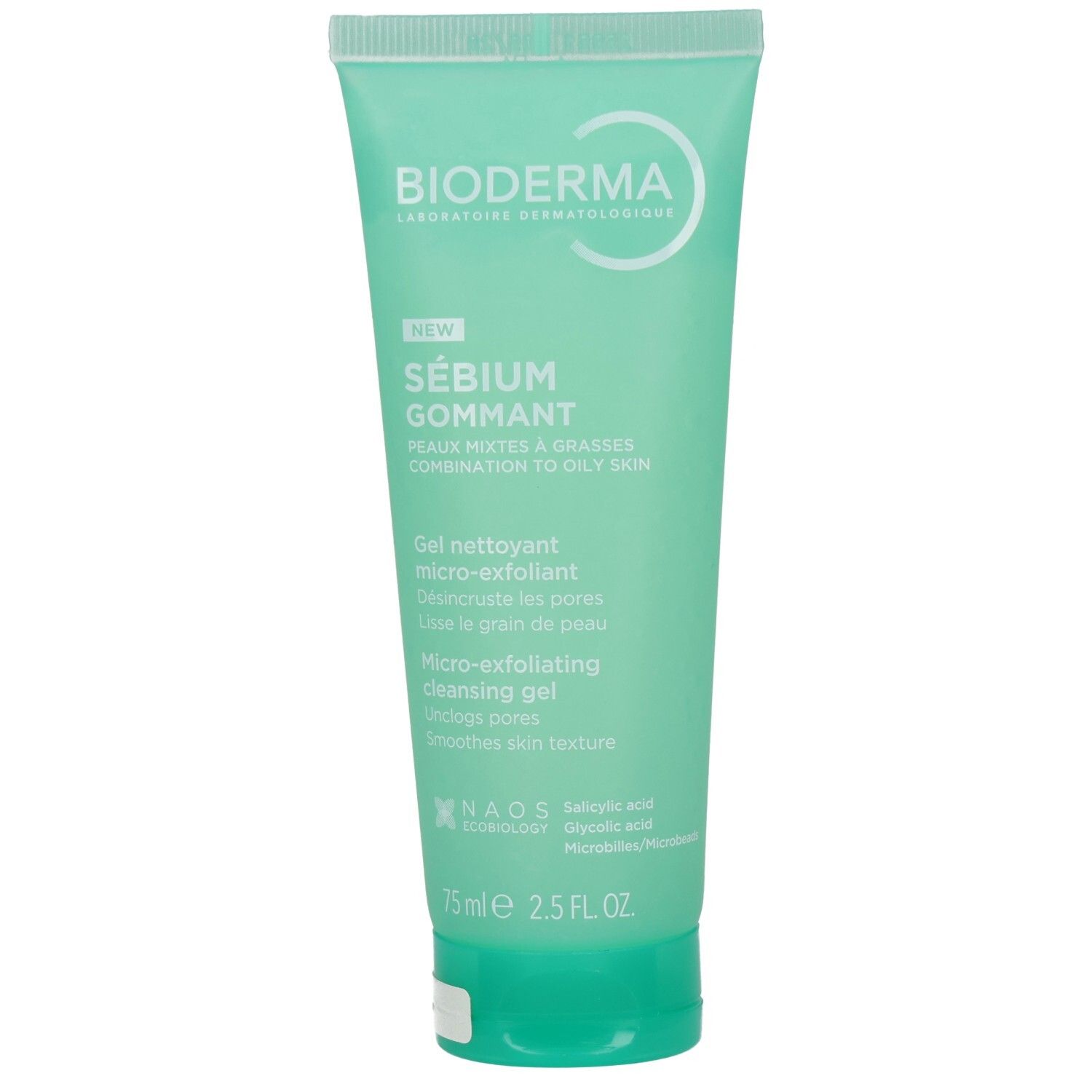 Grüne Tube BIODERMA Sebium Gommant Peeling Gel. Vorderseite mit Produktnamen, Text und Logo. 75ml.