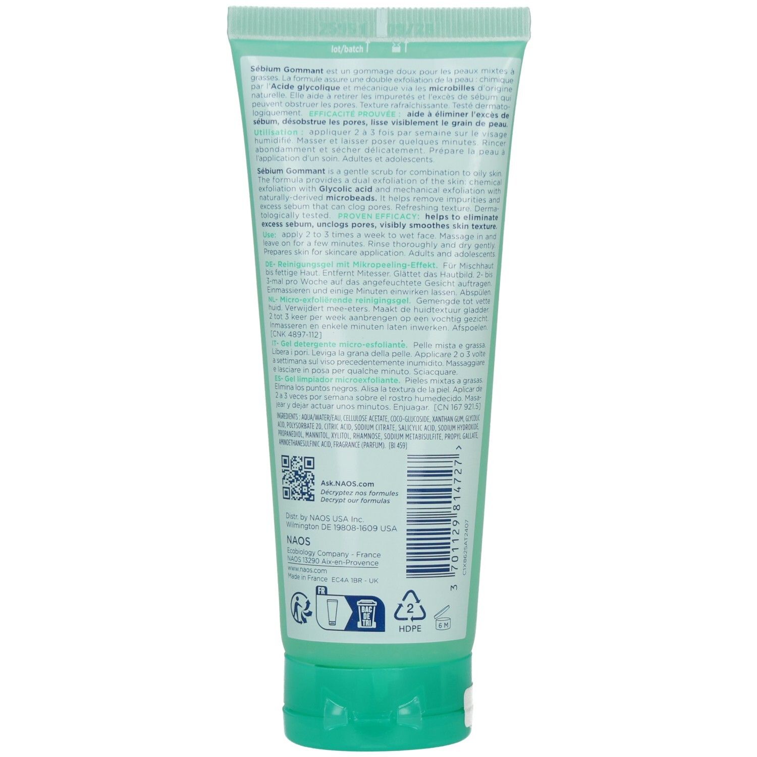 Rückseite der grünen Tube BIODERMA Sebium Gommant Peeling Gel. Text in mehreren Sprachen, QR-Code.