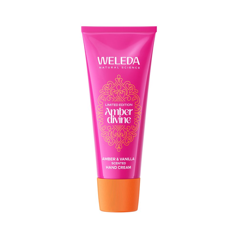 Weleda Amber Divine Handcreme Tube, limitiert, mit orangem Verschluss.
