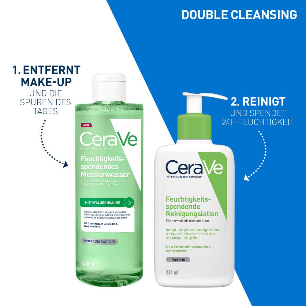 Doppelreinigung: CeraVe Mizellenwasser und Reinigungslotion.