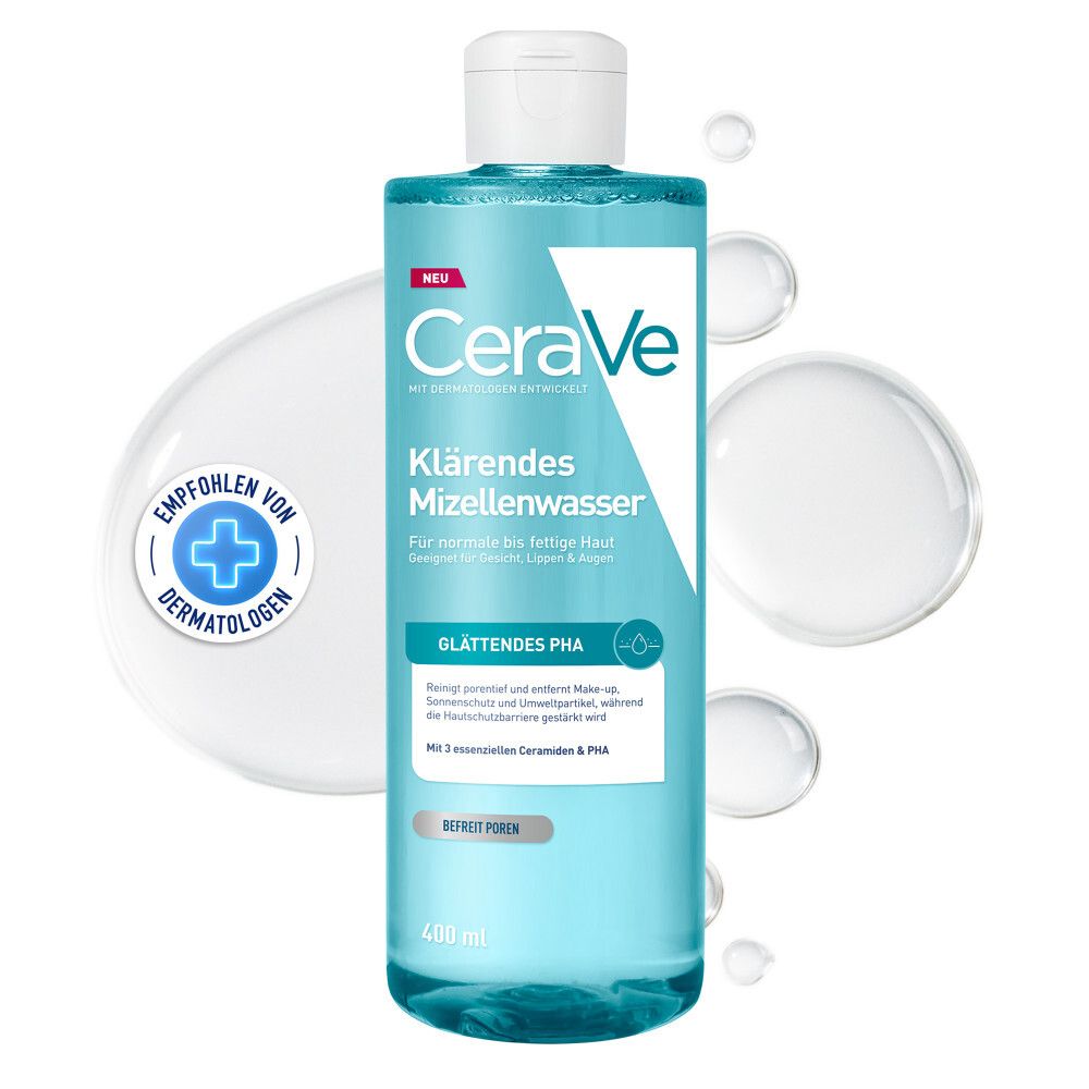 CeraVe Klärendes Mizellenwasser in einer durchsichtigen Flasche mit weißem Deckel. Enthält das Dermatologen-Siegel.