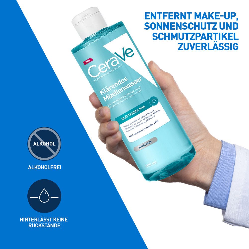 Hand hält CeraVe Klärendes Mizellenwasser. Links: Siegel 'Alkohol', 'Alkoholfrei', 'Hinterlässt keine Rückstände'.