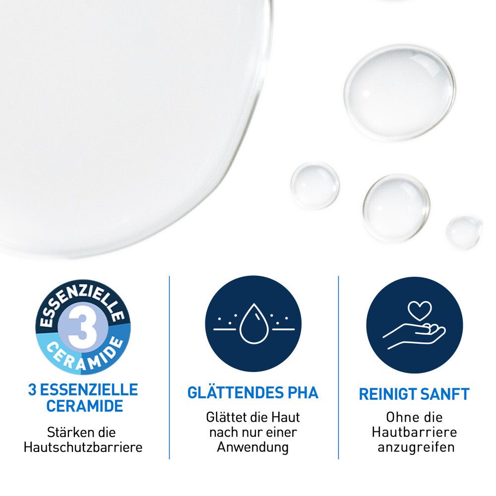 Drei Kreise zeigen: 3 essentielle Ceramide stärken die Hautschutzbarriere. Glättendes PHA glättet die Haut. Sanfte Reinigung.