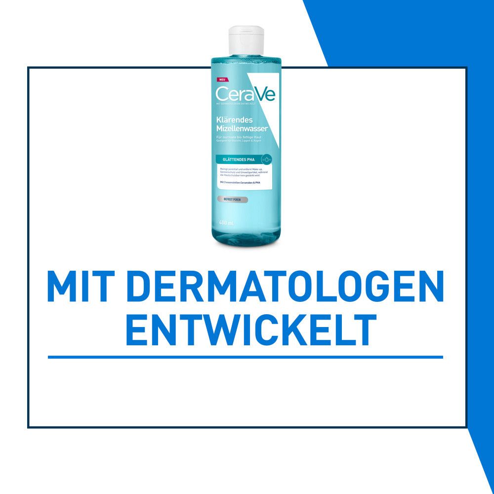 CeraVe Klärendes Mizellenwasser. Text: 'Mit Dermatologen entwickelt'.