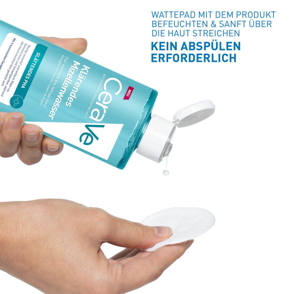 CeraVe Klärendes Mizellenwasser wird auf ein Wattepad gegeben. Kein Abspülen erforderlich.