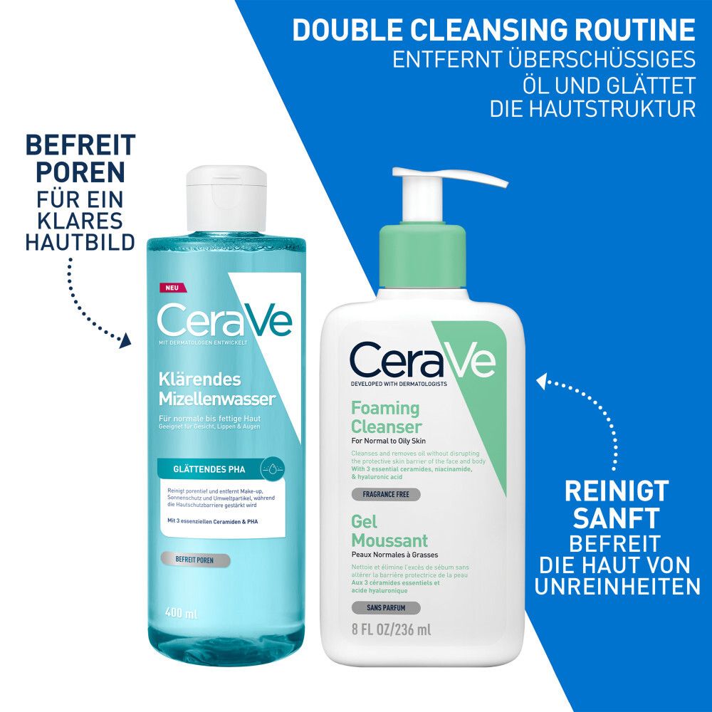 CeraVe Klärendes Mizellenwasser und CeraVe Foaming Cleanser. Doppelte Reinigungsroutine entfernt Öl und Schmutz.