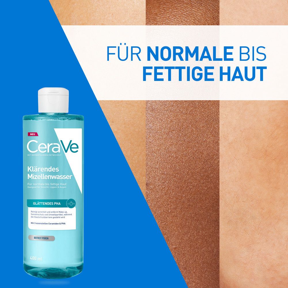 CeraVe Klärendes Mizellenwasser. Geeignet für normale bis fettige Haut. Zeigt verschiedene Hauttypen.