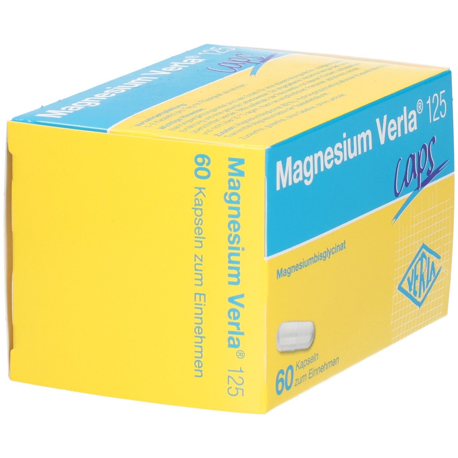Magnesium Verla 125 Caps Schachtel, Seite mit 60 Kapseln.