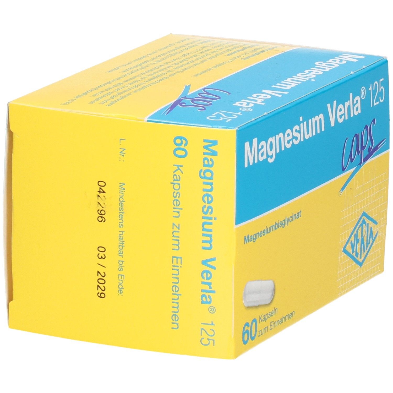 Magnesium Verla 125 Caps Schachtel, Seite mit Chargennummer und Verfallsdatum.