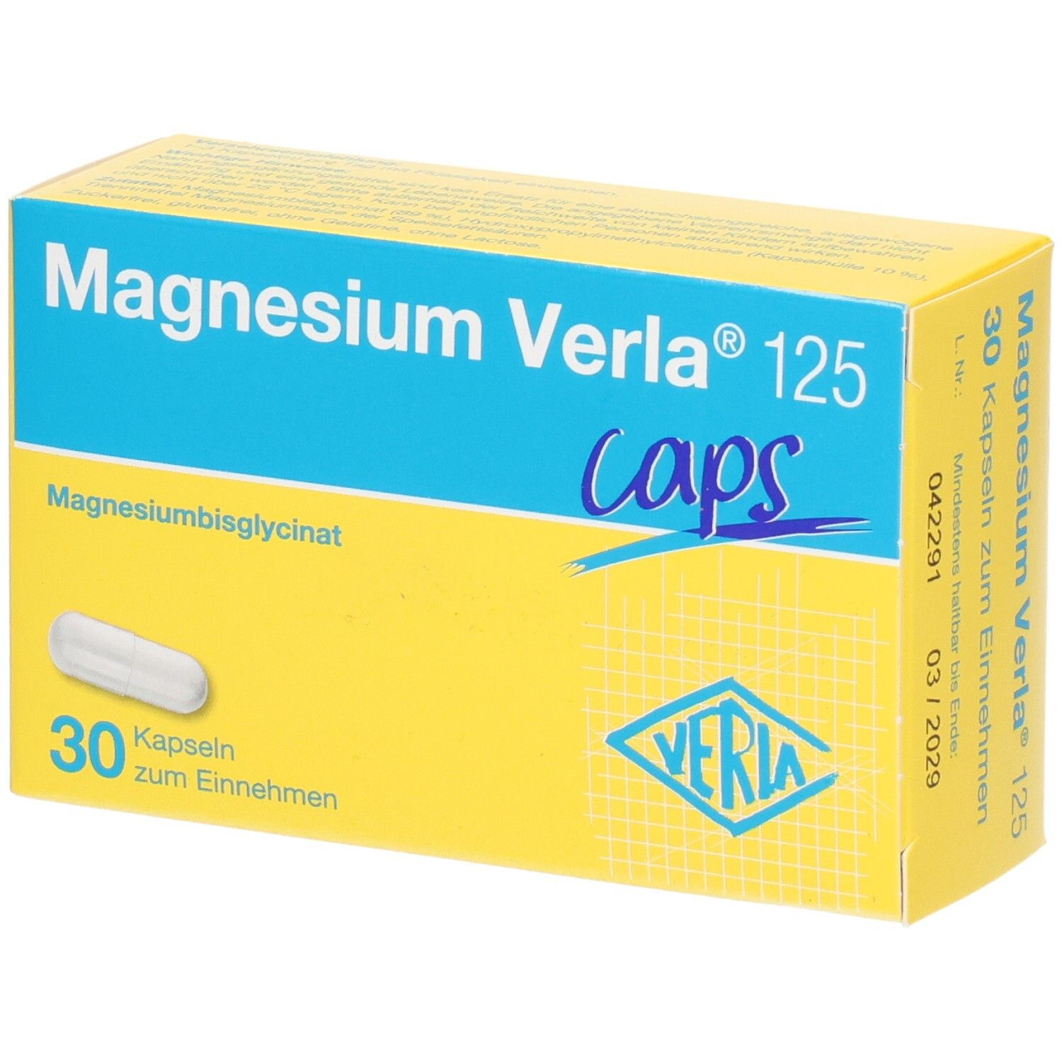 Magnesium Verla 125 Caps: Gelbe Packung mit blauer Banderole, zeigt eine Kapsel und die Aufschrift '30 Kapseln'.