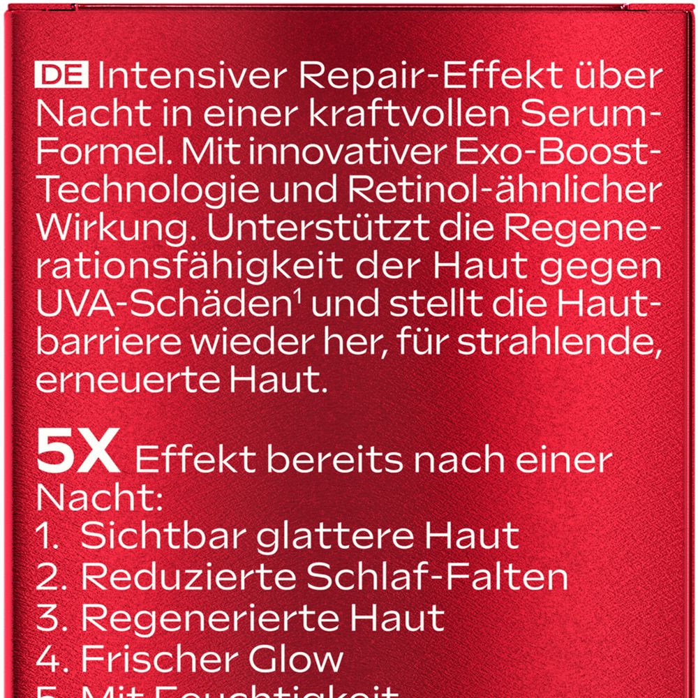 Rote Faltschachtel mit Weleda Exo Boost Youth Power Night Repair Elixir, 5x Effekt über Nacht.