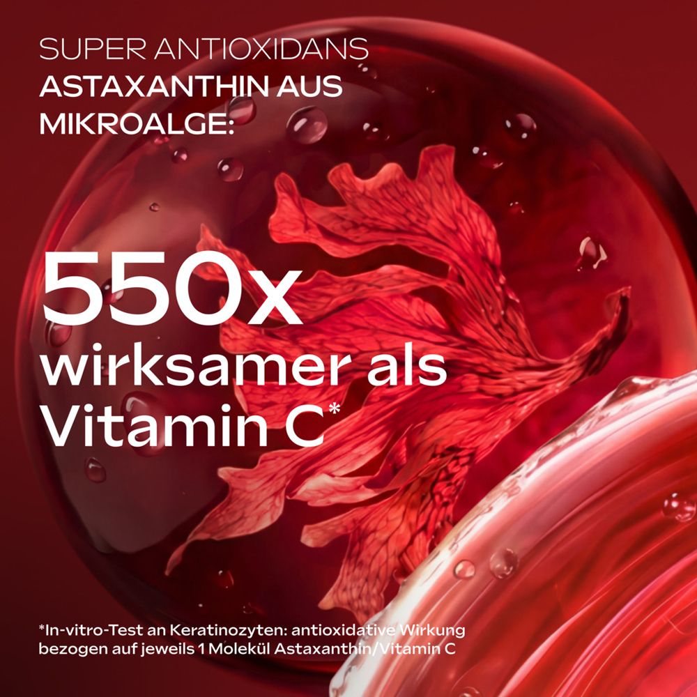 Astaxanthin aus Mikroalge, 550x wirksamer als Vitamin C. Rote, abstrakte Darstellung.
