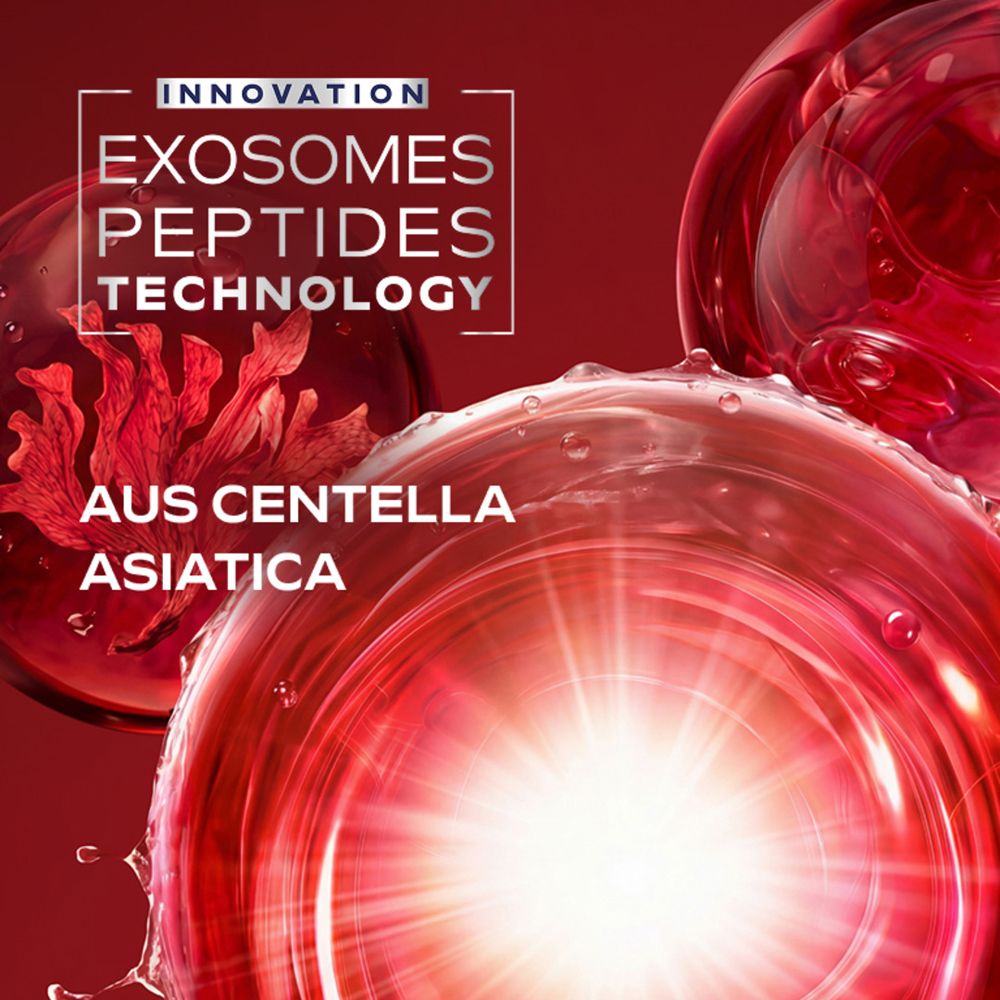 Innovation: Exosomen Peptide Technologie aus Centella Asiatica. Rote, abstrakte Darstellung.
