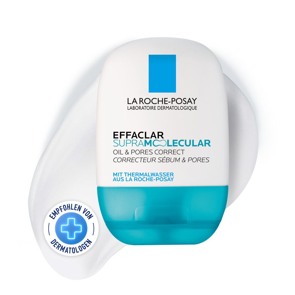 La Roche Posay Effaclar Supramolecular Flasche mit blauem Spender und weißem Pumpaufsatz, auf weißer Creme.