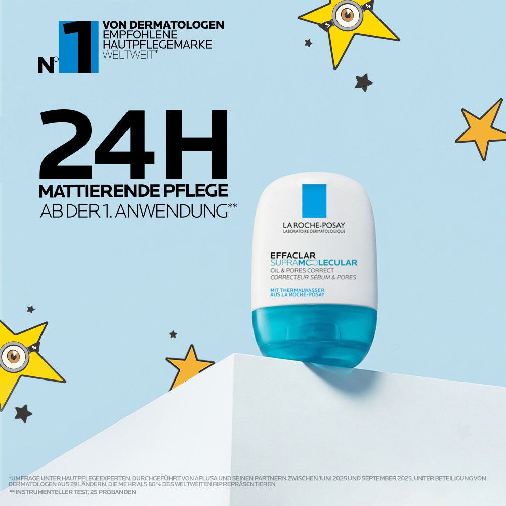 La Roche Posay Effaclar Supramolecular Flasche auf weißem Podest, umgeben von gelben Sternen und schwarzen Punkten.
