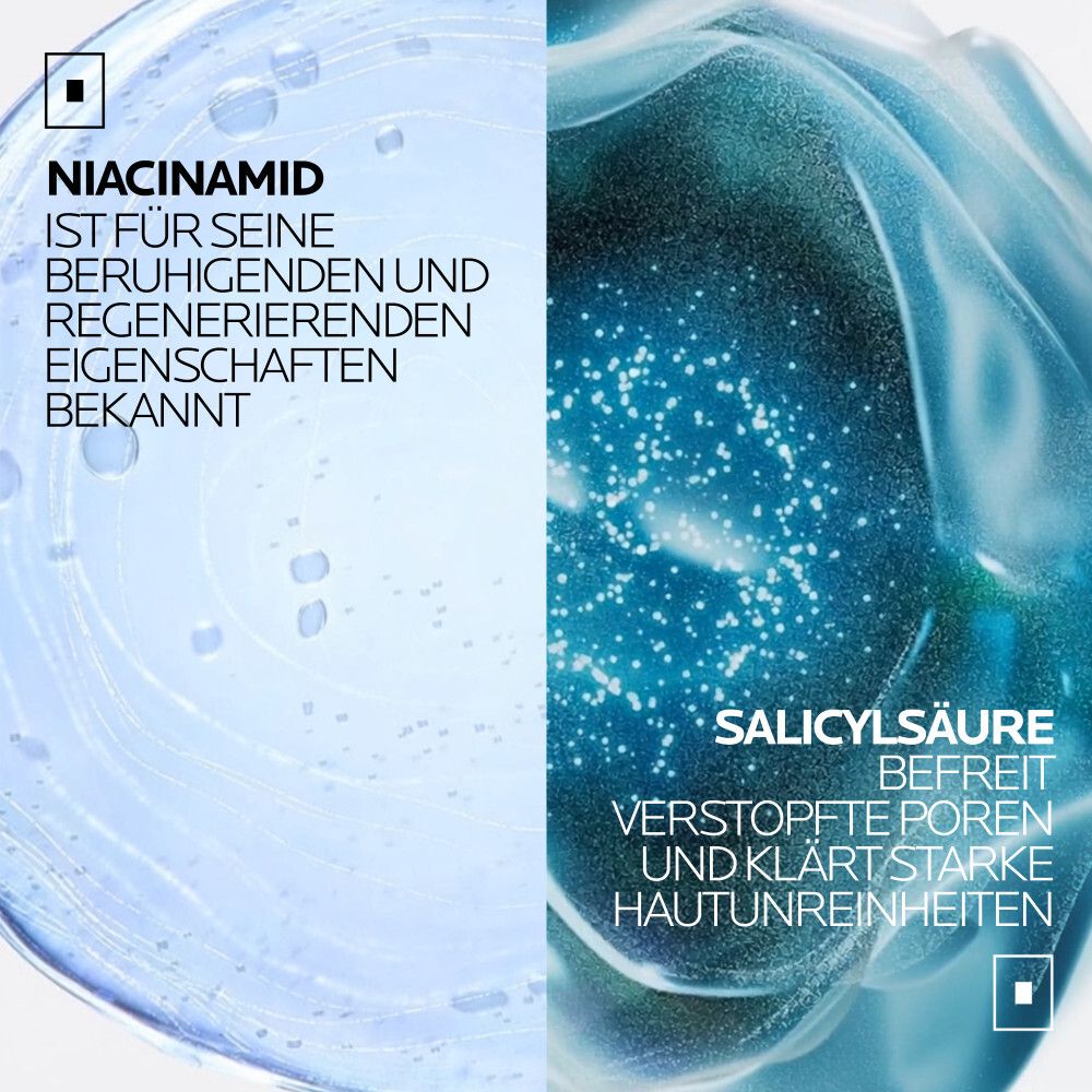 Nahaufnahme von Haut mit Text über Niacinamid und Salicylsäure, mit blauen Blasen.