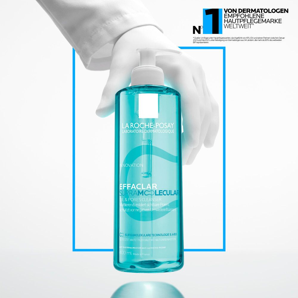 La Roche Posay Effaclar Supramolecular Care Reinigungsgel in einem blauen Flakon mit Pumpspender.