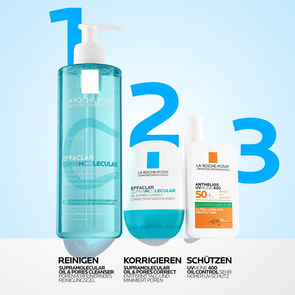 Reinigungsroutine: 1. Effaclar Reinigungsgel, 2. Effaclar Korrekturpflege, 3. Sonnenschutz.