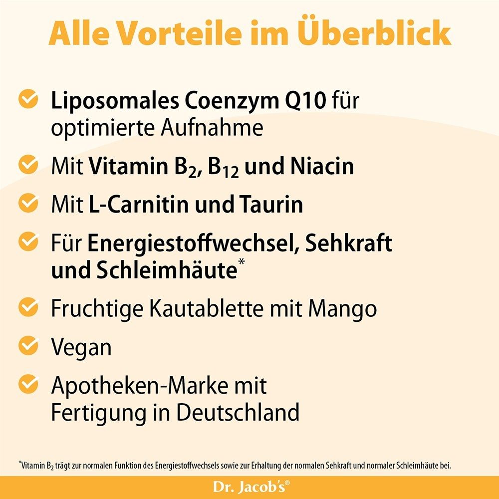 Übersicht der Vorteile von Q10 Kautabletten: liposomal, vegan, mit Mango, für Energie und Sehkraft.