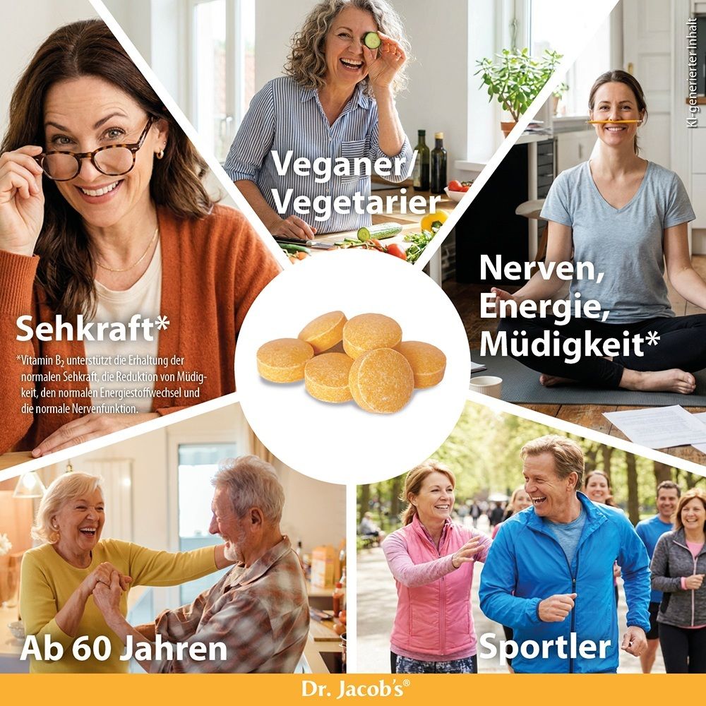 Collage zeigt Menschen in verschiedenen Lebenssituationen, umgeben von Q10 Kautabletten.