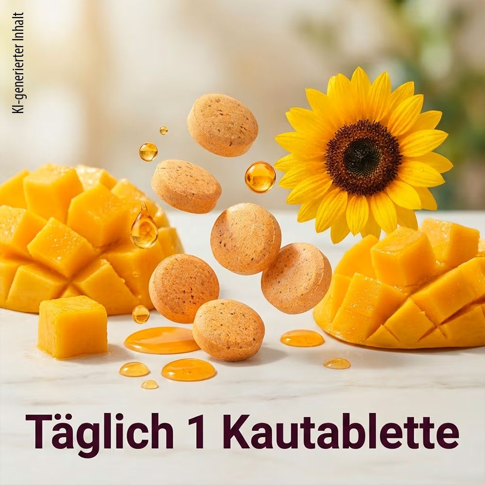 Q10 Kautabletten mit Mango und Sonnenblume, umgeben von Mangostücken und Öltröpfchen.