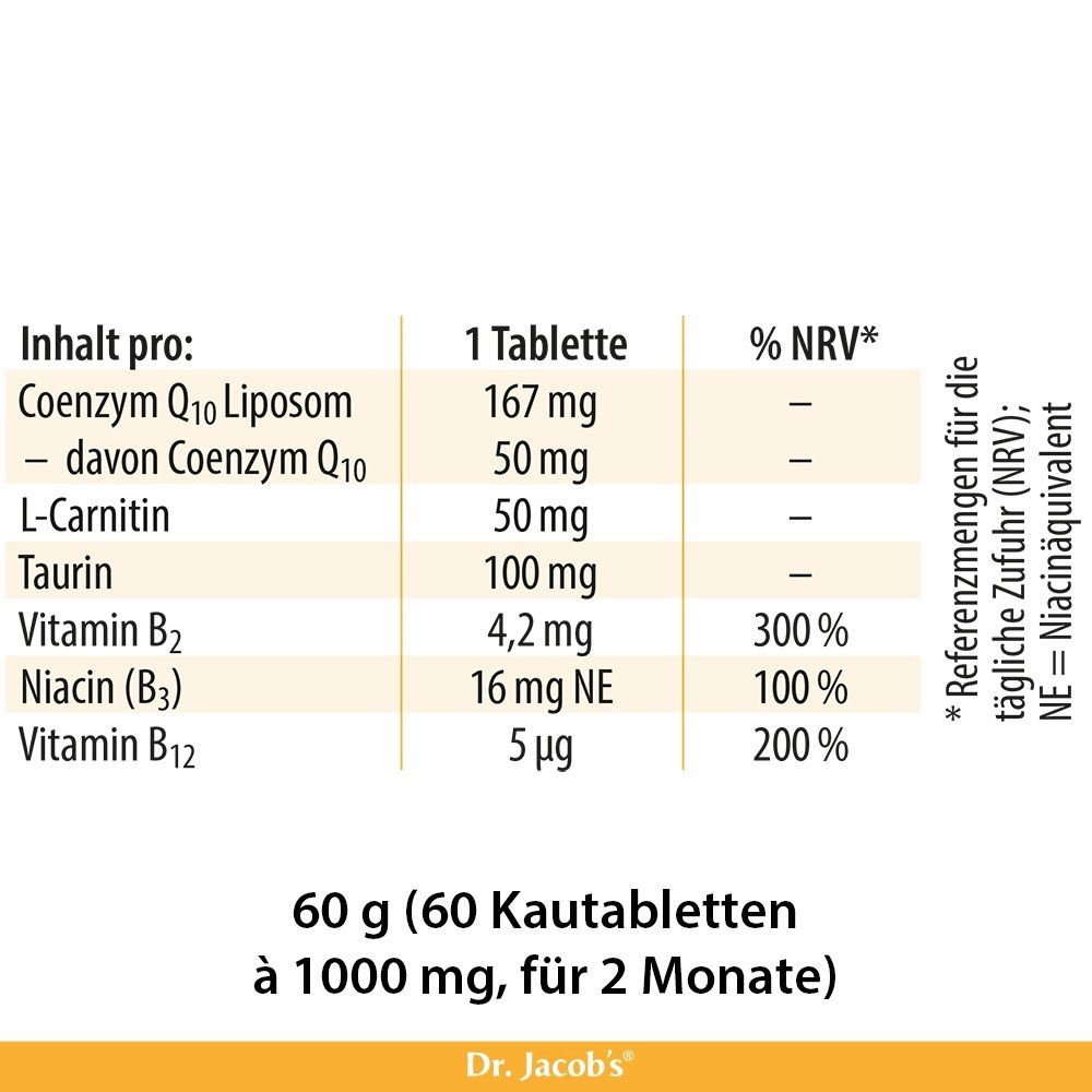 Nährwertangaben pro Tablette: Coenzym Q10, L-Carnitin, Taurin, Vitamine B2, B3, B12.