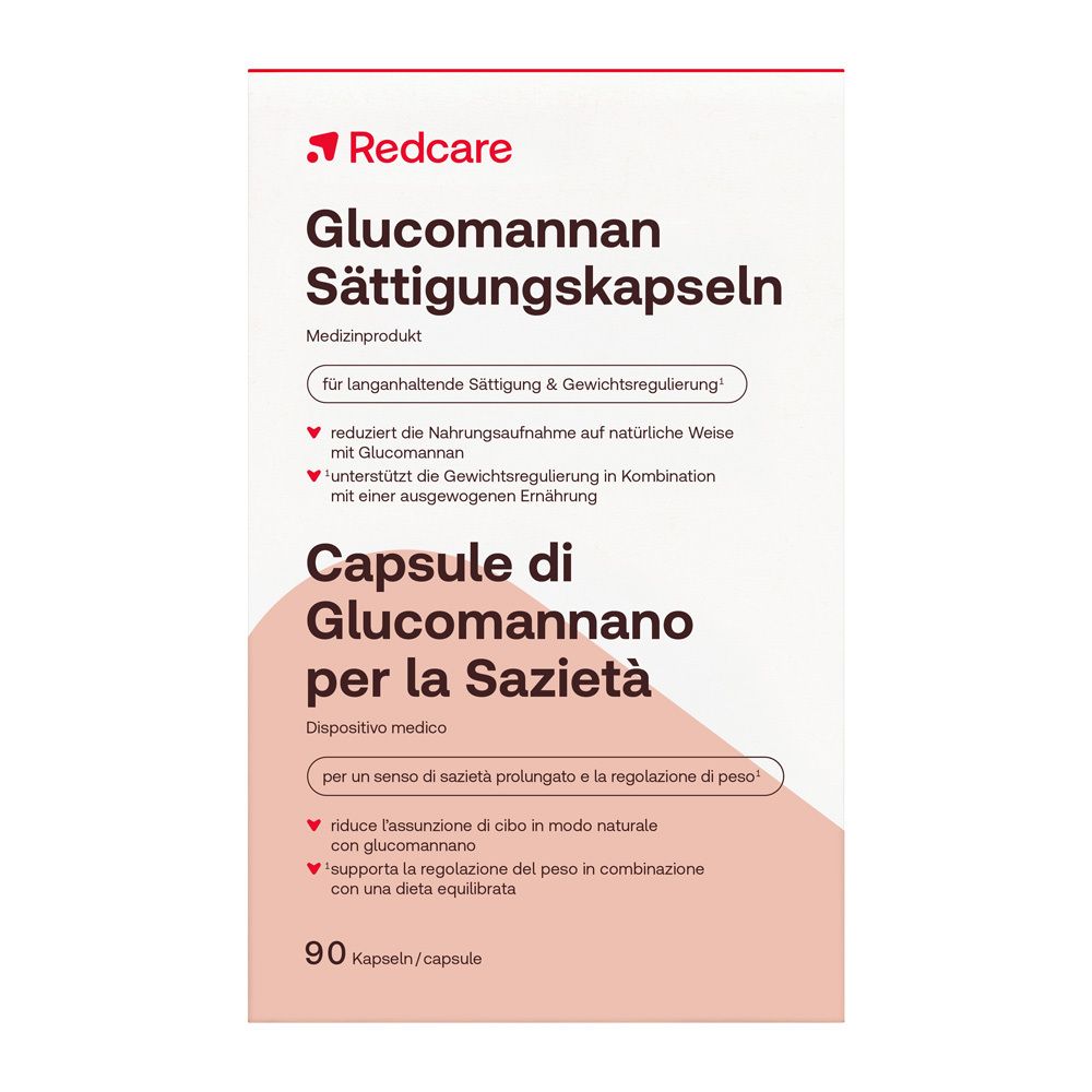 Redcare Glucomannan Sättigungskapseln Packung mit 90 Kapseln.