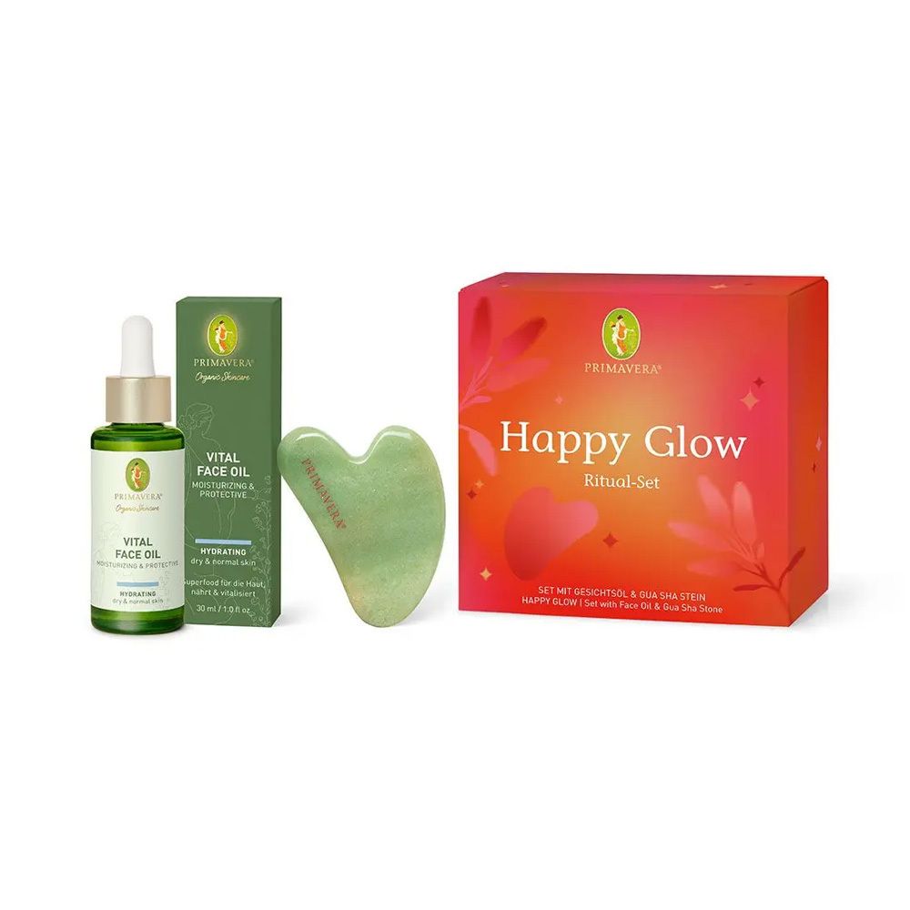 Primavera Happy Glow Ritual-Set mit Gesichtsöl und Gua Sha Stein.