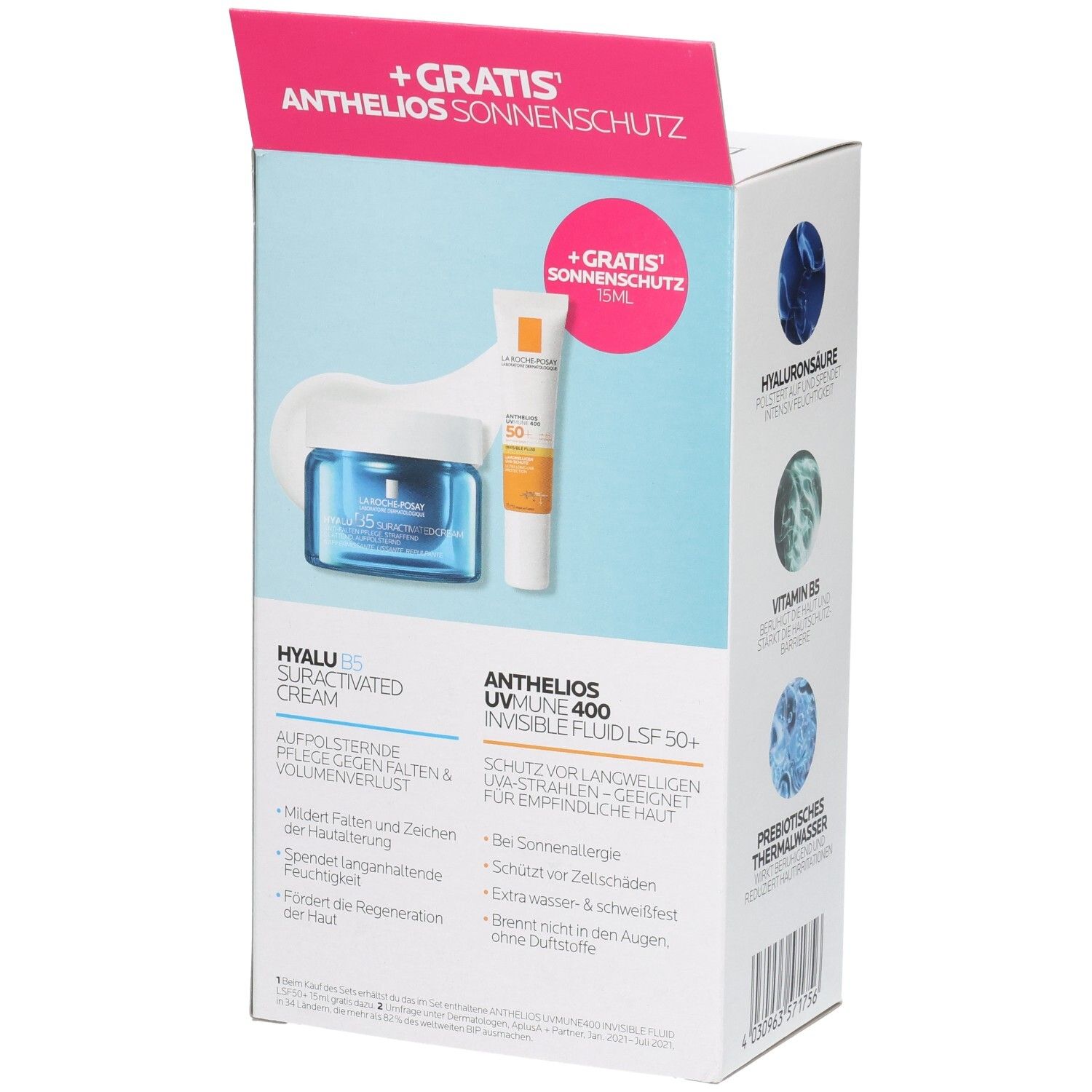 Set mit Hyalu B5 Feuchtigkeitscreme und Anthelios Sonnenschutzfluid LSF 50+.