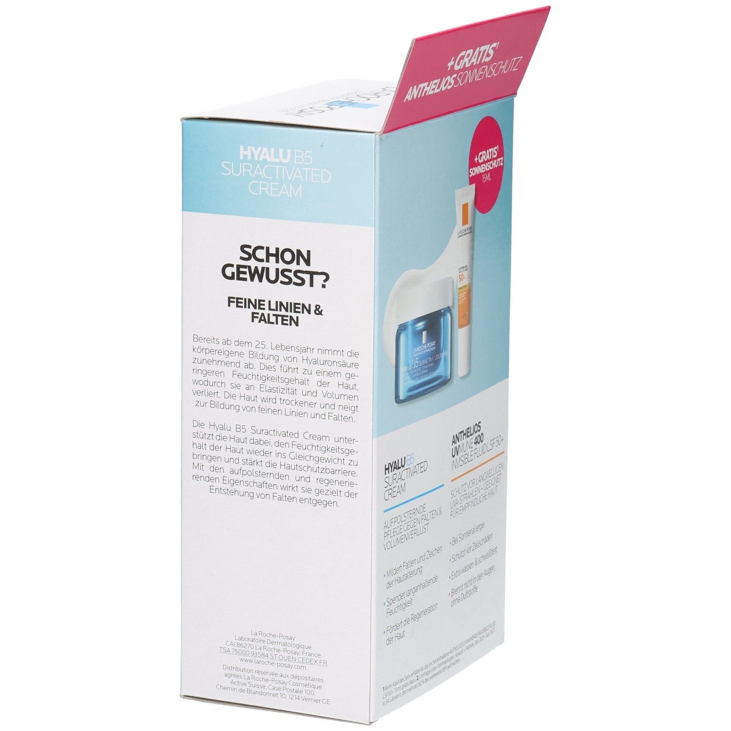 Verpackung für Hyalu B5 Sunactivated Cream mit Informationen zu feinen Linien und Falten.