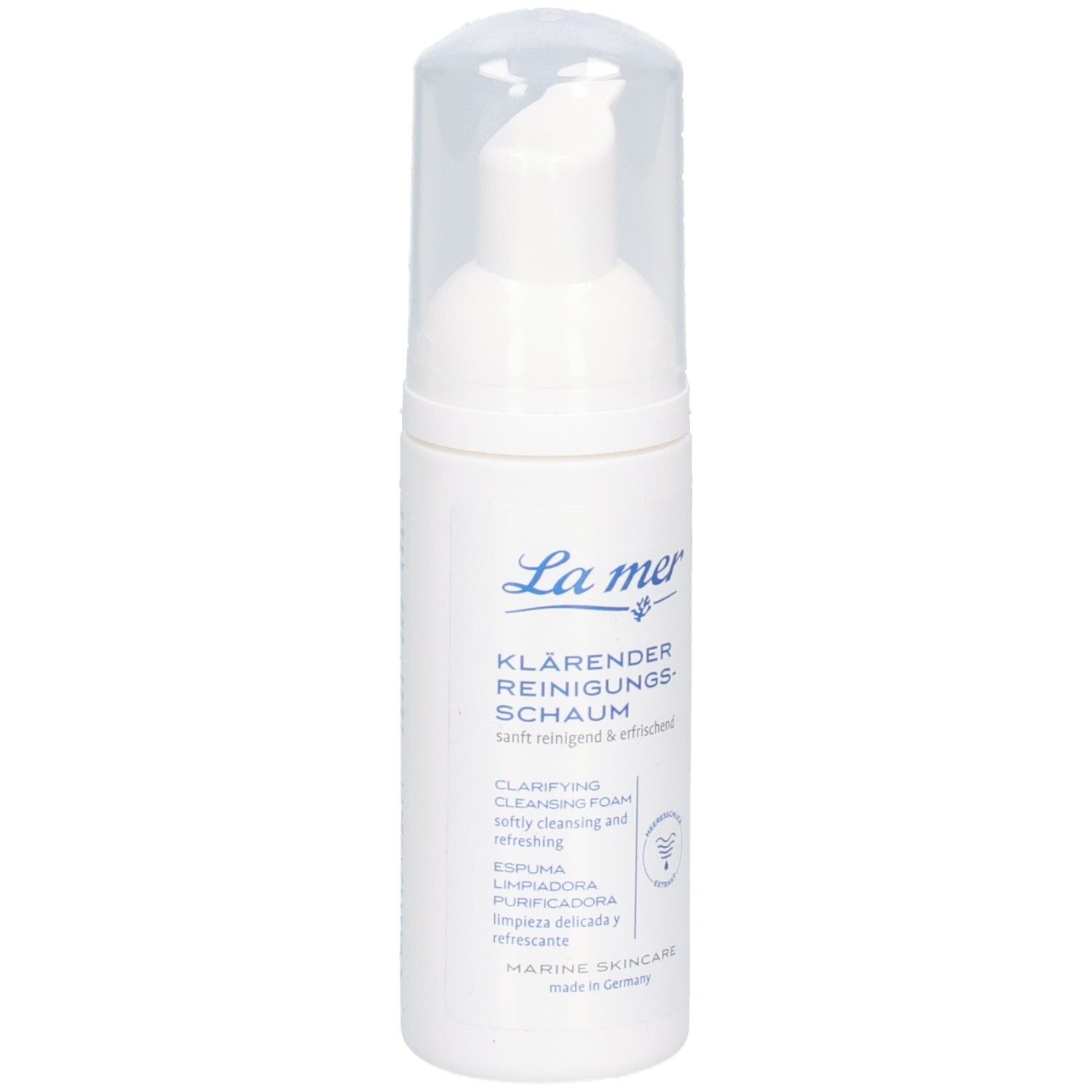 Weißer Spender mit transparentem Deckel. Aufschrift: La mer, klärender Reinigungsschaum. Marine Skincare.