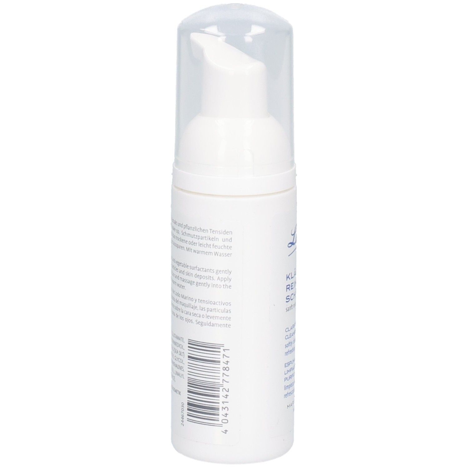 Weißer Spender mit transparentem Deckel. Text und Barcode auf der Rückseite. Marine Skincare.