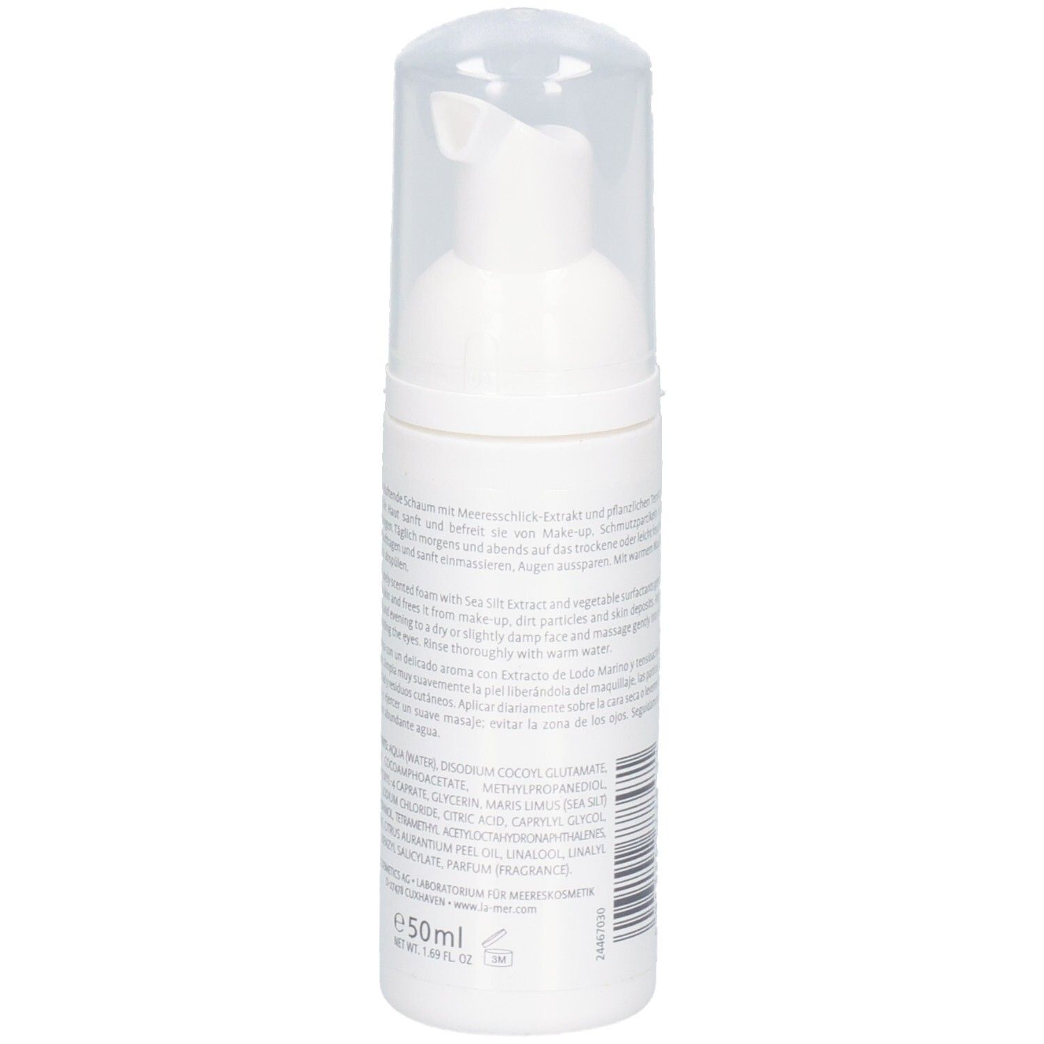 Weißer Spender mit transparentem Deckel. Text und Inhaltsstoffe. Volumen: 50ml. Marine Skincare.