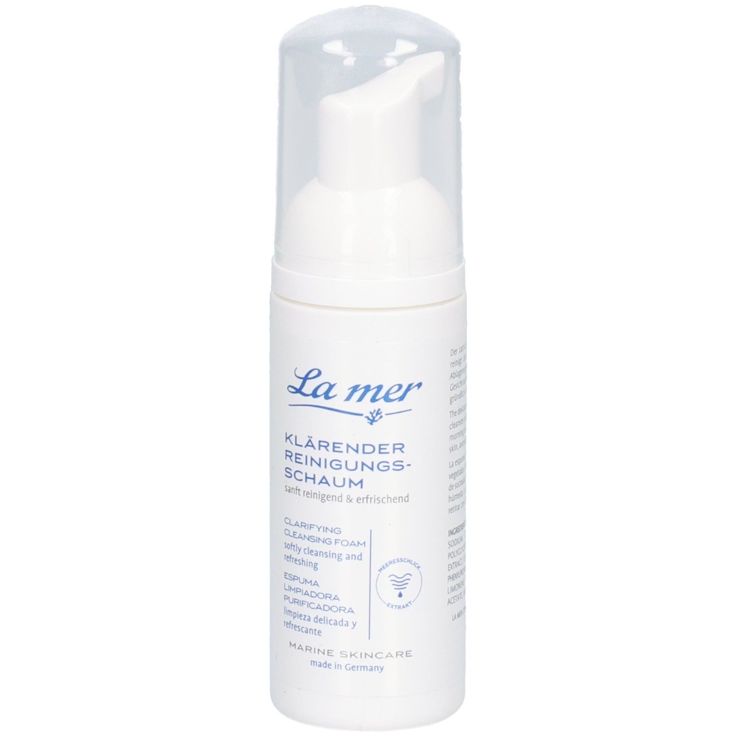 Weißer Spender mit transparentem Deckel. Aufschrift: La mer, klärender Reinigungsschaum. Marine Skincare.
