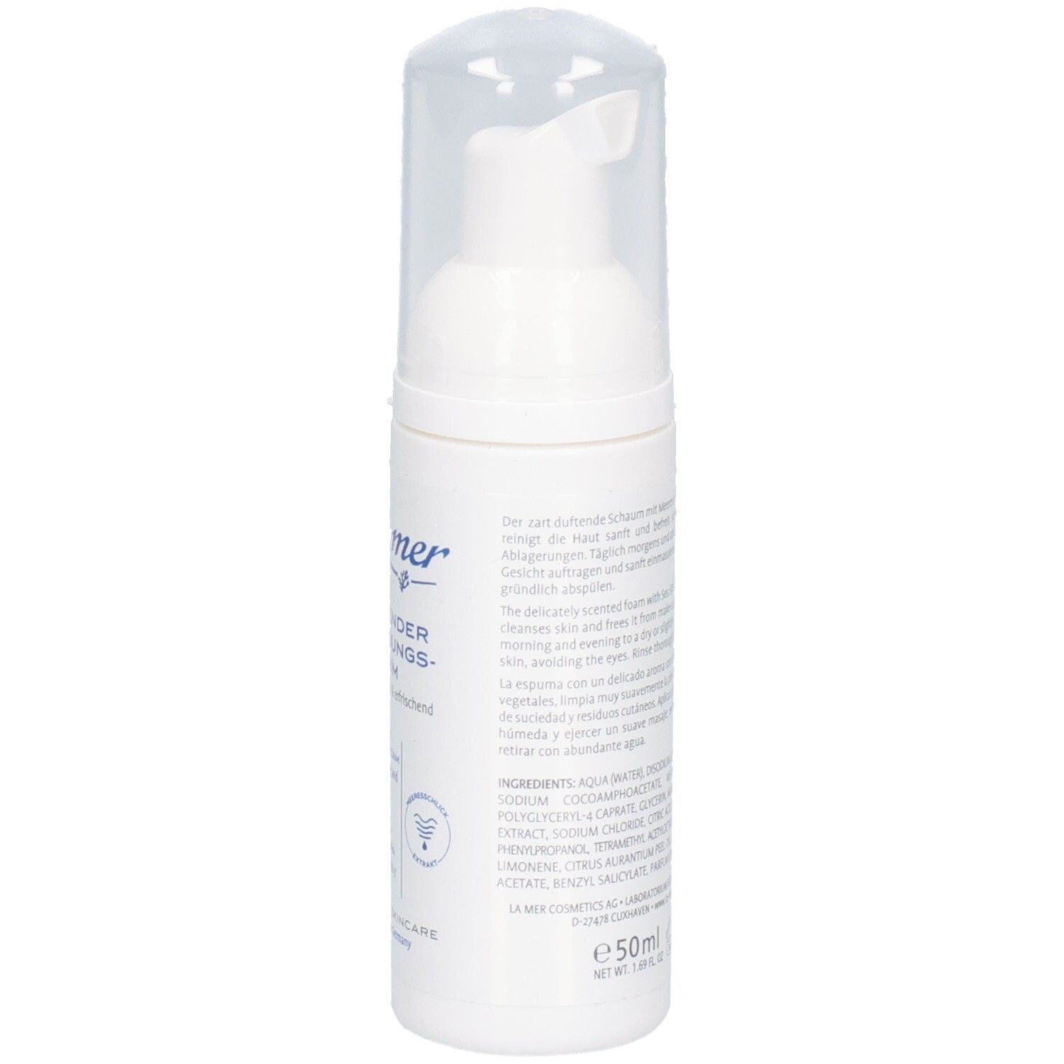 Weißer Spender mit transparentem Deckel. Text auf der Rückseite. Volumen: 50ml. Marine Skincare.