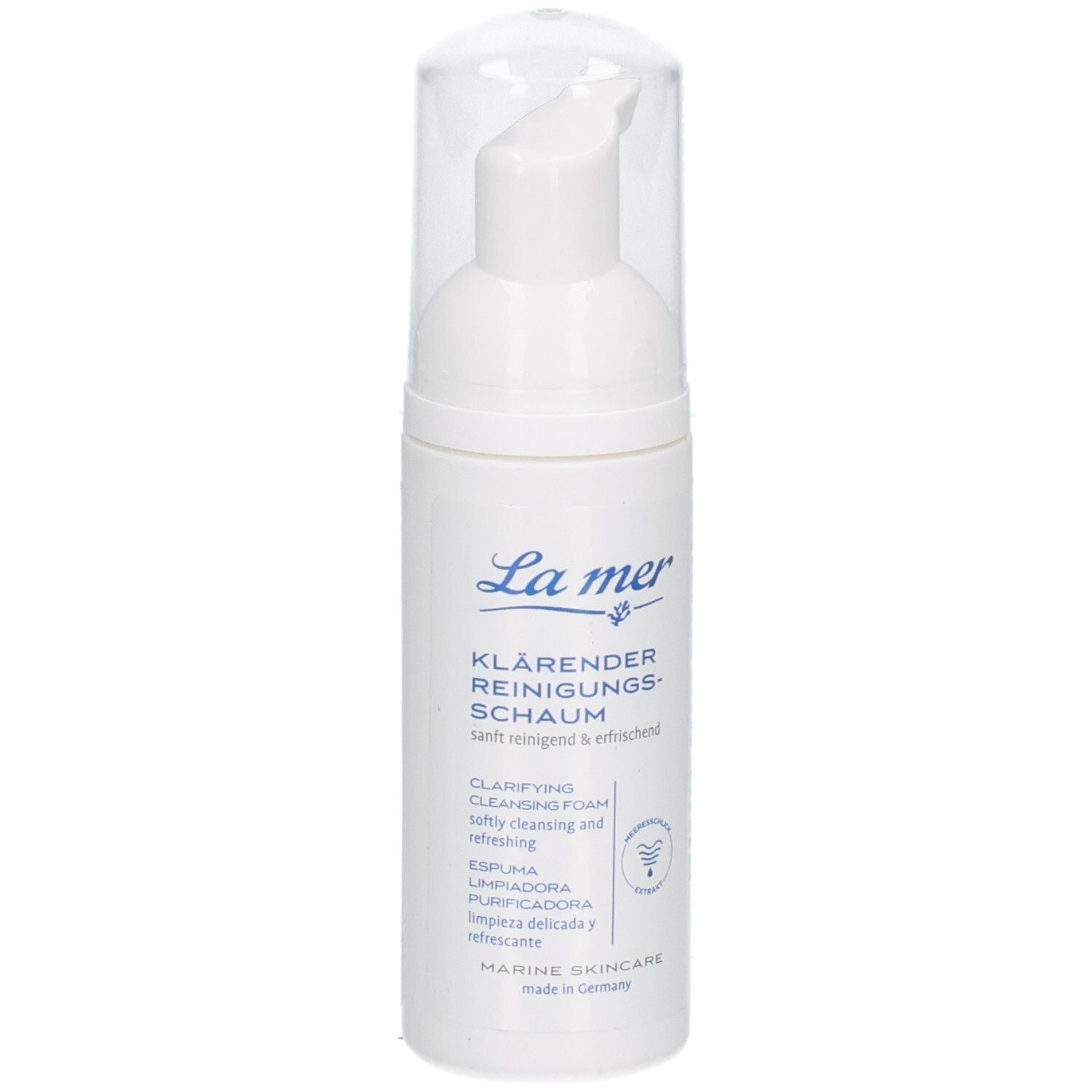 Weißer Spender mit transparentem Deckel. Aufschrift: La mer, klärender Reinigungsschaum. Marine Skincare.