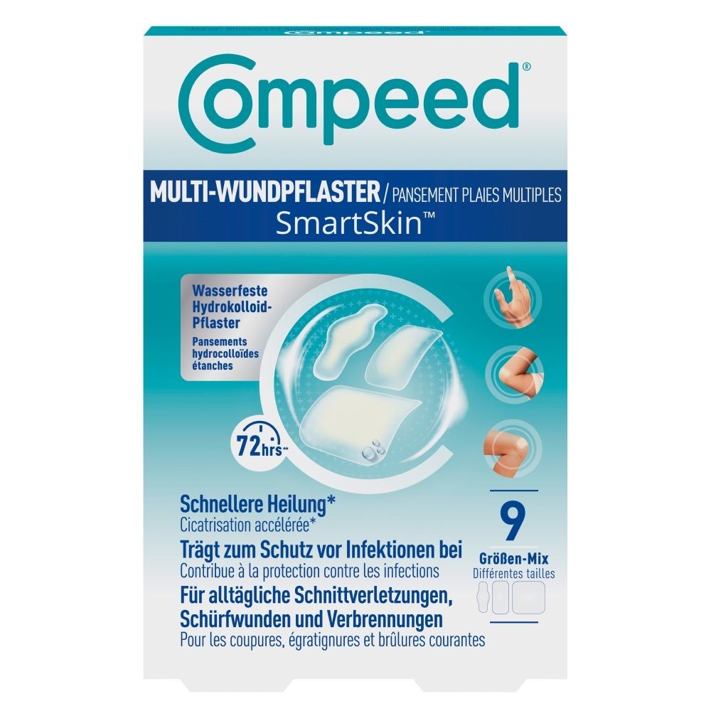 Compeed Multi-Wundpflaster SmartSkin Größen-Mix Packung mit 9 Pflastern.