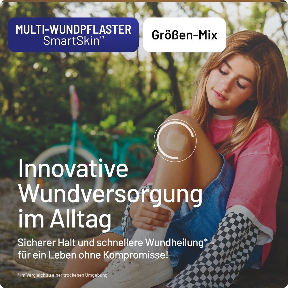 Multi-Wundpflaster SmartSkin, Größen-Mix. Junge Frau mit Pflaster am Knie. Innovative Wundversorgung im Alltag.