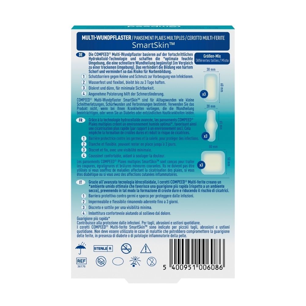 COMPED Multi-Wundpflaster SmartSkin Packung mit verschiedenen Pflastergrößen und Anwendungshinweisen.
