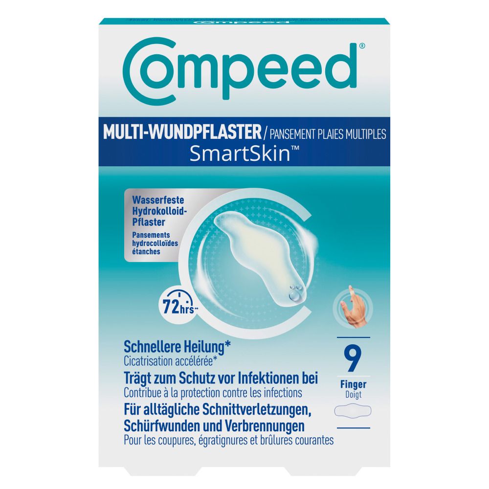 Compeed Multi-Wundpflaster SmartSkin Packung mit 9 mittleren Pflastern.